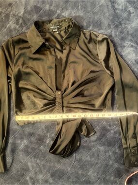 Hers & Mine Black Satin Twist-Front Button-Up Crop Shirt